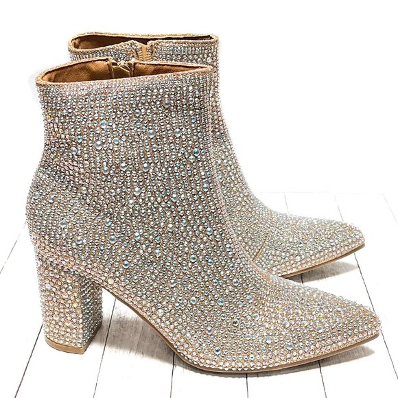 Shoes - New Women Champagne Gold Rhinestone Glitter Pointy Ankle Boots Booties